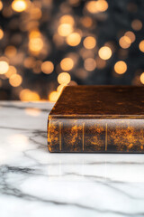 Poster - An elegant close-up of a classic literature book with embossed covers, placed on a marble surface with subtle reflections and a sophisticated, blurred background,