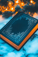 Fototapete - An elegant close-up of a classic literature book with embossed covers, placed on a marble surface with subtle reflections and a sophisticated, blurred background,
