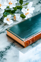 Aufkleber - An elegant close-up of a classic literature book with embossed covers, placed on a marble surface with subtle reflections and a sophisticated, blurred background,