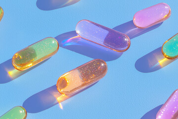 Poster - A vibrant close-up of colorful vitamin pills scattered artistically on a smooth, reflective surface, with soft lighting highlighting their glossy textures and vivid hues,