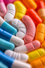 Leinwandbilder - An elegant macro shot of assorted prescription pills arranged in a circular pattern, creating a visually appealing and balanced composition with a blurred background,