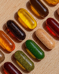 Leinwandbilder - A stunning close-up of herbal supplement pills arranged neatly on a wooden surface, with natural shadows enhancing their organic colors and textures,