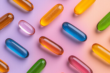 Poster - A creative close-up of colorful gummy vitamins arranged in a playful, scattered manner on a pastel-colored background, evoking a sense of fun and health,