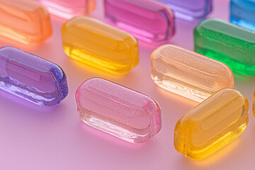 Leinwandbilder - A creative close-up of colorful gummy vitamins arranged in a playful, scattered manner on a pastel-colored background, evoking a sense of fun and health,