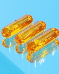 Leinwandbilder - An elegant macro image of CBD oil capsules placed gracefully on a reflective surface, with soft lighting creating beautiful reflections and shadows,