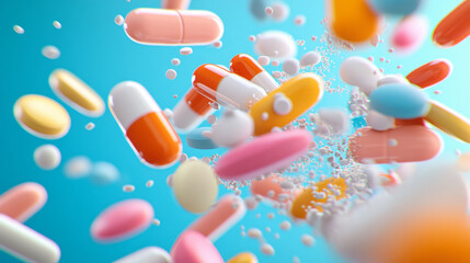 Poster - A dynamic close-up photograph of vitamins and minerals pills cascading down a glass surface, capturing motion and vibrant colors in a single frame,