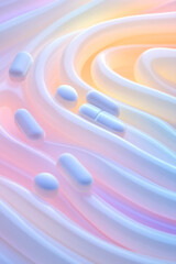 Poster - A detailed macro shot of sleep aid tablets arranged in a soothing, wave-like pattern, set against a calm, blurred background to evoke tranquility,