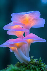 Poster - An artistic macro shot of a cluster of delicate fairy mushrooms with translucent caps, set against a blurred forest background to create a dreamy atmosphere,