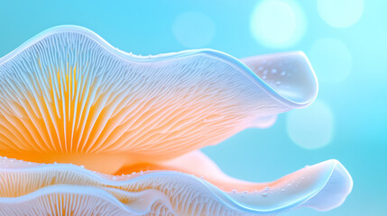 Wall Mural - A high-resolution macro shot of intricate mushroom gills and spores, showcasing the detailed anatomy of a mature cap against a softly blurred woodland background,