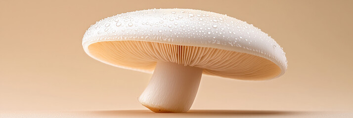 Poster - A minimalist close-up of a white button mushroom with water droplets on its cap, set against a clean, light-colored background to highlight its simplicity and elegance,