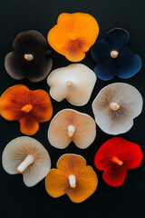 Poster - An artistic photograph of a group of umbrella-shaped mushrooms with multicolored caps, arranged creatively on a dark, textured surface for a striking contrast,