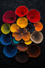 Poster - An artistic photograph of a group of umbrella-shaped mushrooms with multicolored caps, arranged creatively on a dark, textured surface for a striking contrast,