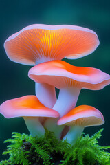 Poster - A vibrant close-up of exotic mushrooms with bright red and orange hues, set against a soft green background of ferns and moss, creating a lively and natural composition,