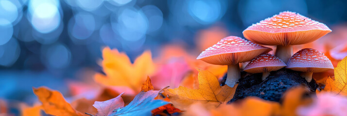 Poster - A creative close-up of mushrooms growing amidst colorful autumn leaves, highlighting the contrast between the bright foliage and the earthy tones of the fungi,