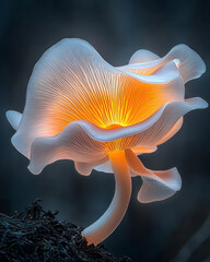 Aufkleber - An artistic close-up of a large, umbrella-shaped mushroom with intricate gills and a glossy cap, set against a dark, moody background to emphasize its form,