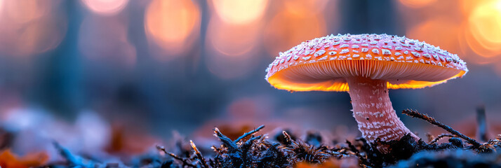 Aufkleber - A high-resolution macro image of a speckled mushroom cap, capturing the fine details and natural textures, set against a softly blurred woodland background,