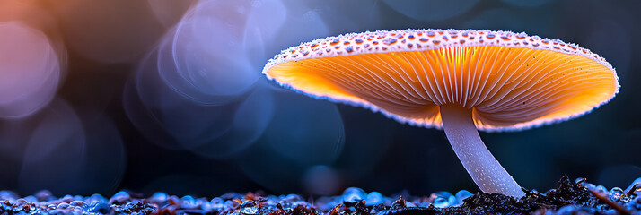 Aufkleber - A high-resolution macro image of a speckled mushroom cap, capturing the fine details and natural textures, set against a softly blurred woodland background,
