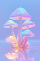 Poster - A creative close-up of mushrooms with iridescent colors shimmering in the light, placed on a reflective surface to enhance their magical appearance,