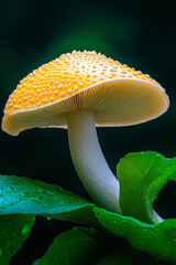 Poster - A serene macro photograph of a single large mushroom with a textured cap, surrounded by soft, out-of-focus green foliage for a peaceful and natural look,