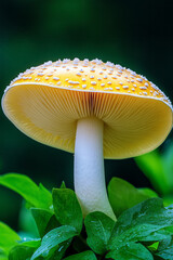 Poster - A serene macro photograph of a single large mushroom with a textured cap, surrounded by soft, out-of-focus green foliage for a peaceful and natural look,
