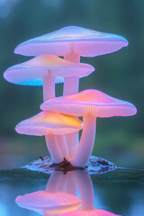 Poster - A creative close-up of mushrooms with iridescent colors shimmering in the light, placed on a reflective surface to enhance their magical appearance,