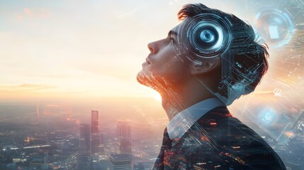 Wall Mural - Man Contemplating Futuristic Technology Over Cityscape