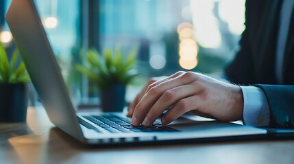 Fototapete - Professional Businessman Typing on Laptop in Modern Office with Green Plants : Generative AI