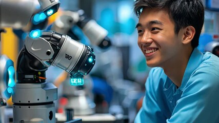 Wall Mural - a young roboticist smiles while programming collaborative robots, amazed at how seamlessly they work