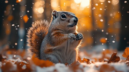 Wall Mural - Squirrel foraging in autumn leaves under a golden forest canopy with soft snowfall