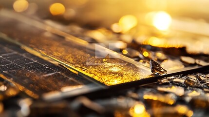 Leinwandbilder - Sunlit Glass Fragments Creating Dramatic Golden Reflections on Smooth Surfaces : Generative AI