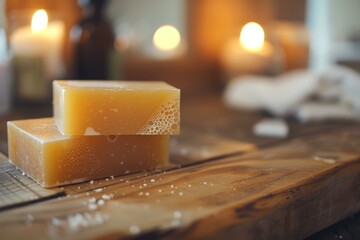 Wall Mural - Two bars of organic handmade soap are lying on a wooden surface with candles in the background and spilled salt