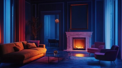 Poster - Art deco interior design of modern living room, home with fireplace and dark blue wall.