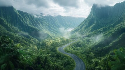 Wall Mural - Serene Mountain Road: A Misty Tropical Paradise