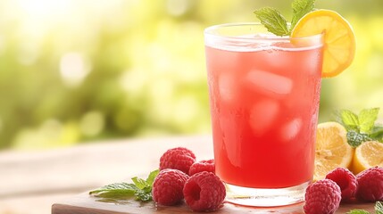 Aufkleber - Summertime raspberry lemonade with ice served in a clear glass garnished with fruits : Generative AI
