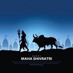 Happy maha Shivratri, a Hindu festival celebrated of lord shiva night. Creative vector illustration design with lord shiv and Nandi walking on background of temples.