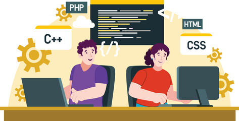 Programmers Coding Illustration with PHP and C++ Programmers coding on computers with floating PHP and C++ elements.