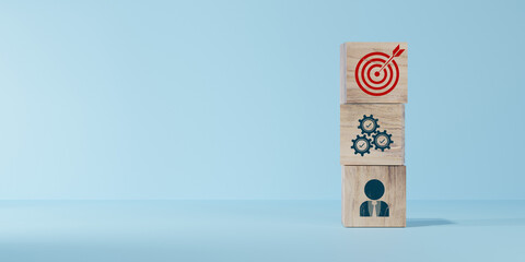 Wall Mural - woods block step on table with icon action plan, goal and target, success and business target concep