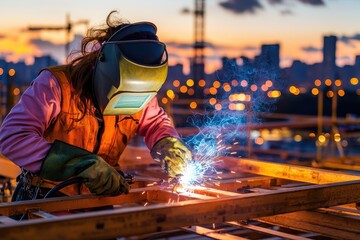 Wall Mural - construction worker wear Concept. A welder sparks bright light while working on a construction site at sunset.