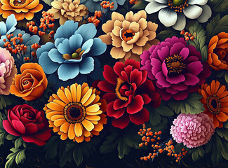 Wall Mural -  a vibrant and colorful depiction of various flowers, including roses, daisies, and other blossoms, arranged in a dense cluster with a dark background.