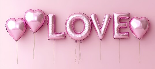 Wall Mural - Glossy Pink Foil Balloons Arranged as LOVE Word Against a Pastel Pink Wall Background