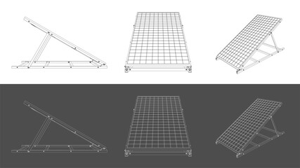 Isometric Blueprint of Solar Panel Array with Mounting Structure, vector Technical Drawing on Transparent Background