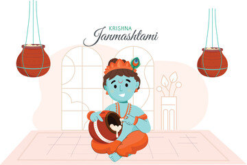 Adorable Krishna Janmashtami Festival Illustration Baby Krishna holding a flute, surrounded by butter pots and festive elements.