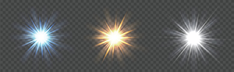 Realistic starburst. Sun rays yellow, blue and white star glow, sunlight effect, realistic radiant shine. Supernova radial burst flare. Vector isolated set.