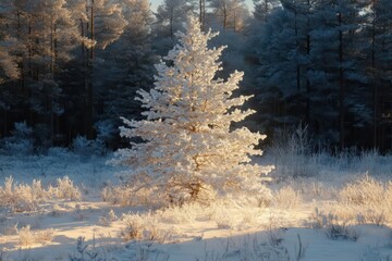 Wall Mural - enchanted winter forest clearing with illuminated snow-covered evergreen tree, ethereal moonlight casting blue shadows, sparkling frost crystals in the air