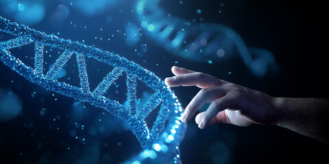 Aufkleber - Scientist hand touching DNA digital hologram on dark blue background. Generative ai DNA