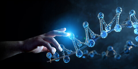 Aufkleber - Scientist hand touching DNA digital hologram on dark blue background. Generative ai DNA