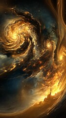 Wall Mural - Celestial swirls of golden energy illuminate a dark cosmos, revealing a stunning cosmic landscape
