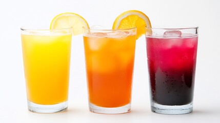 Poster - Refreshing Trio of Citrus and Berry Juices in Glasses with Ice : Generative AI