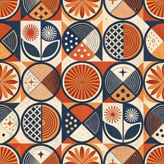 Wall Mural - Abstract Geometric Mid Century Modern Seamless Pattern Terracotta Orange Navy Blue Circles Flowers