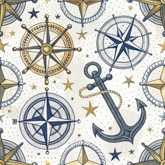 Wall Mural - Nautical Seamless Pattern Anchors Wind Roses and Stars for Nautical Designs